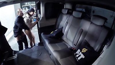 Nerdy unlit businesswoman fucked by driver in someone's skin backseat